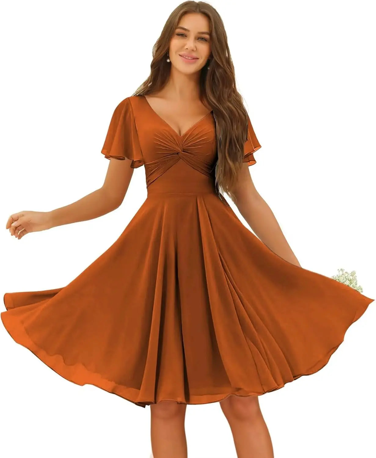 Women's Pleated Chiffon Flutter Sleeves Junior Bridesmaid Dresses with Pockets V Neck Short Formal Dress Wedding Party Gowns
