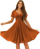 Women's Pleated Chiffon Flutter Sleeves Junior Bridesmaid Dresses with Pockets V Neck Short Formal Dress Wedding Party Gowns