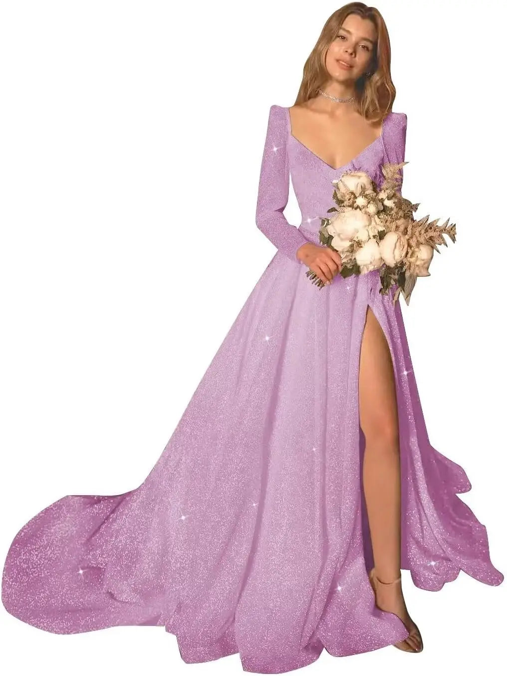 Glitter Prom Dresses Simple Long Sleeve Wedding Dresses for Bride A Line Princess Ball Gown with Slit simple wedding dress