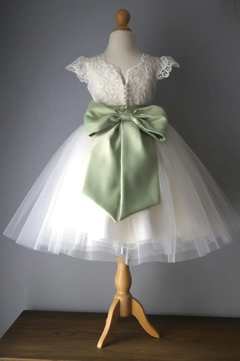 Flower girl dress, Sage Sashes, Birthday Baby Dresses Lace Tulle First Communion Gowns Wedding princess Kids ball gown