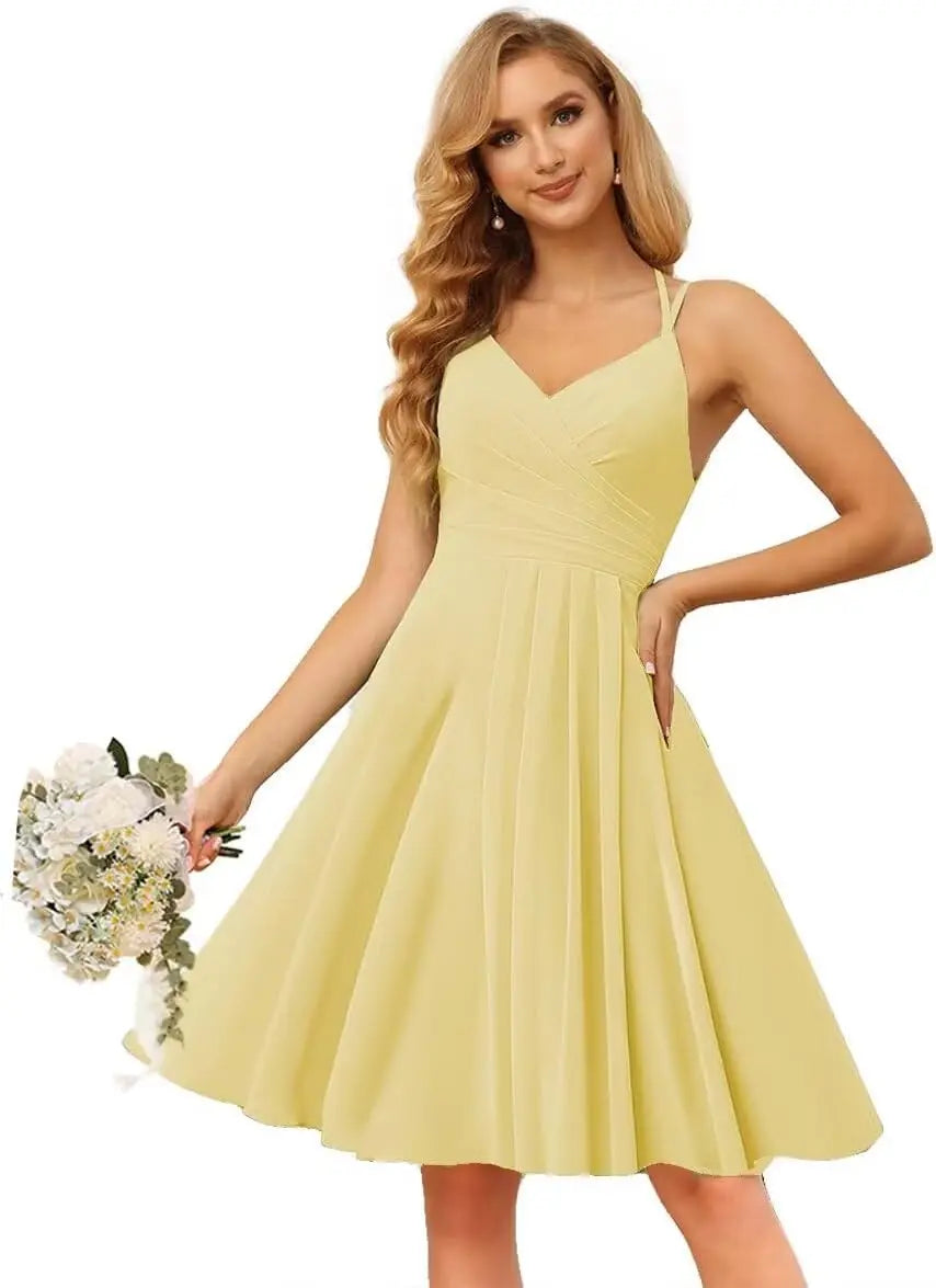 Chiffon V Neck Bridesmaid Dress with Pleated Bodice A Line Chiffon Short Prom Homecoming Dress for Women cocktail dresses