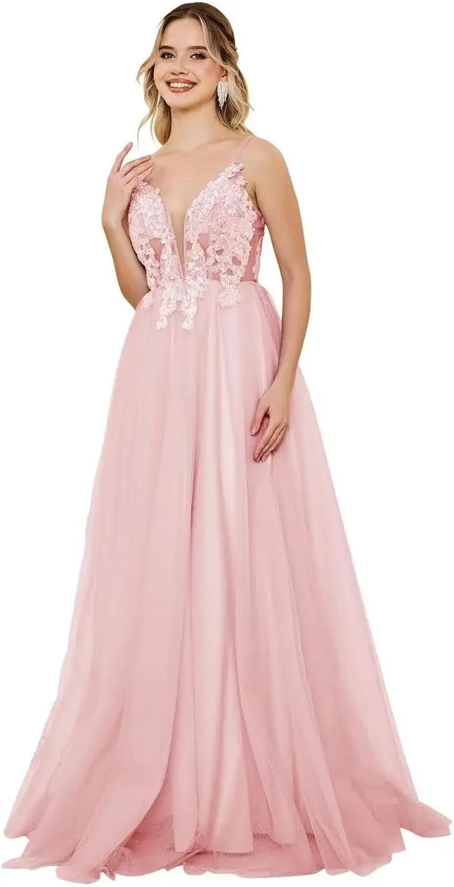 Vestidos de fiesta de tul con escote en V profundo para mujer, tirantes finos, apliques de encaje, vestidos de noche largos de corte A 