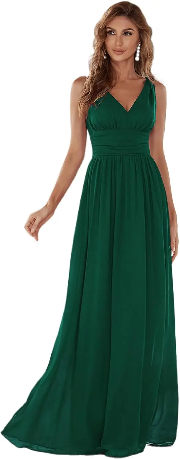 Womens Bridesmaid Dress V-Neck Sleeveless A Line Chiffon Floor Length Formal Dress wedding guest dress  ball gown