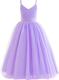 Vestido de tul con tirantes finos para niñas de flores, largo, corte A, para bodas, desfiles, princesas, fiestas de cumpleaños, vestidos de gala 