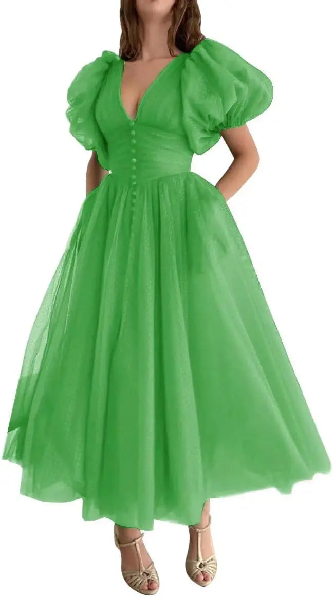 Puffy Sleeve Prom Dresses for Women Dotted Tulle V Neck Formal Evening Party Gowns Tea Length Bridesmaid Dresses