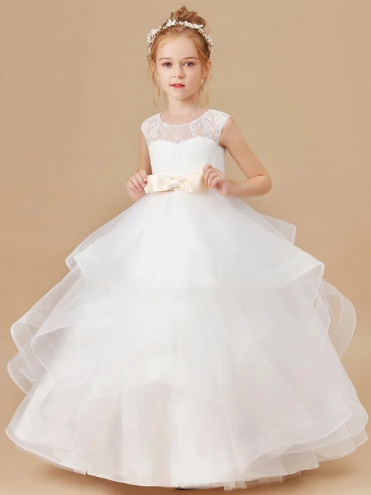 Geburtstags-Kommunionkleider Blumenmädchenkleider Weiß Tiered Flory Appliques Mit Champagner-Bogengürtel Ärmellos Für Die Hochzeit 