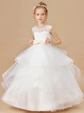 Birthday Holy Communion Gowns Flower Girl Dresses White Tiered Flory Appliques With Champagne Bow Belt Sleeveless For Wedding