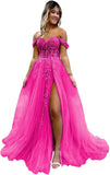 Vestido de fiesta de tul con hombros descubiertos, abertura, apliques de encaje brillante, corsé, vestido formal de fiesta de noche, vestidos de fiesta para mujer, noche 