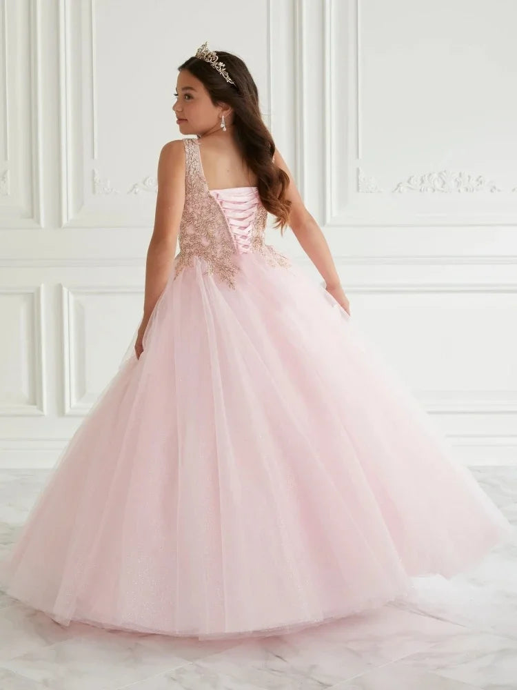 Vestidos de tul rosa con apliques dorados y esponjosos sin mangas para bodas, fiestas de cumpleaños, banquetes, comuniones y niñas de las flores. 