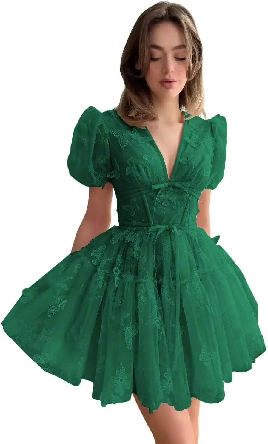 3D Butterfly Tulle Homecoming Dresses for Teens A-Line Short Sleeve Prom Cocktail Dress with Butterfly Appliques