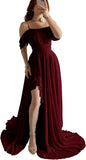 Elegantes schulterfreies Chiffon-Ballkleid für Brautjungfern mit Schlitz, lang, A-Linie, plissierte Rüschen, formelles Abendkleid für Damen 