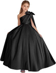 One-Shoulder-Satin-Blumenmädchenkleider, lange Festzugskleider für Mädchen, Ballkleid mit Schleife, Prinzessinnenkleid, Partykleider