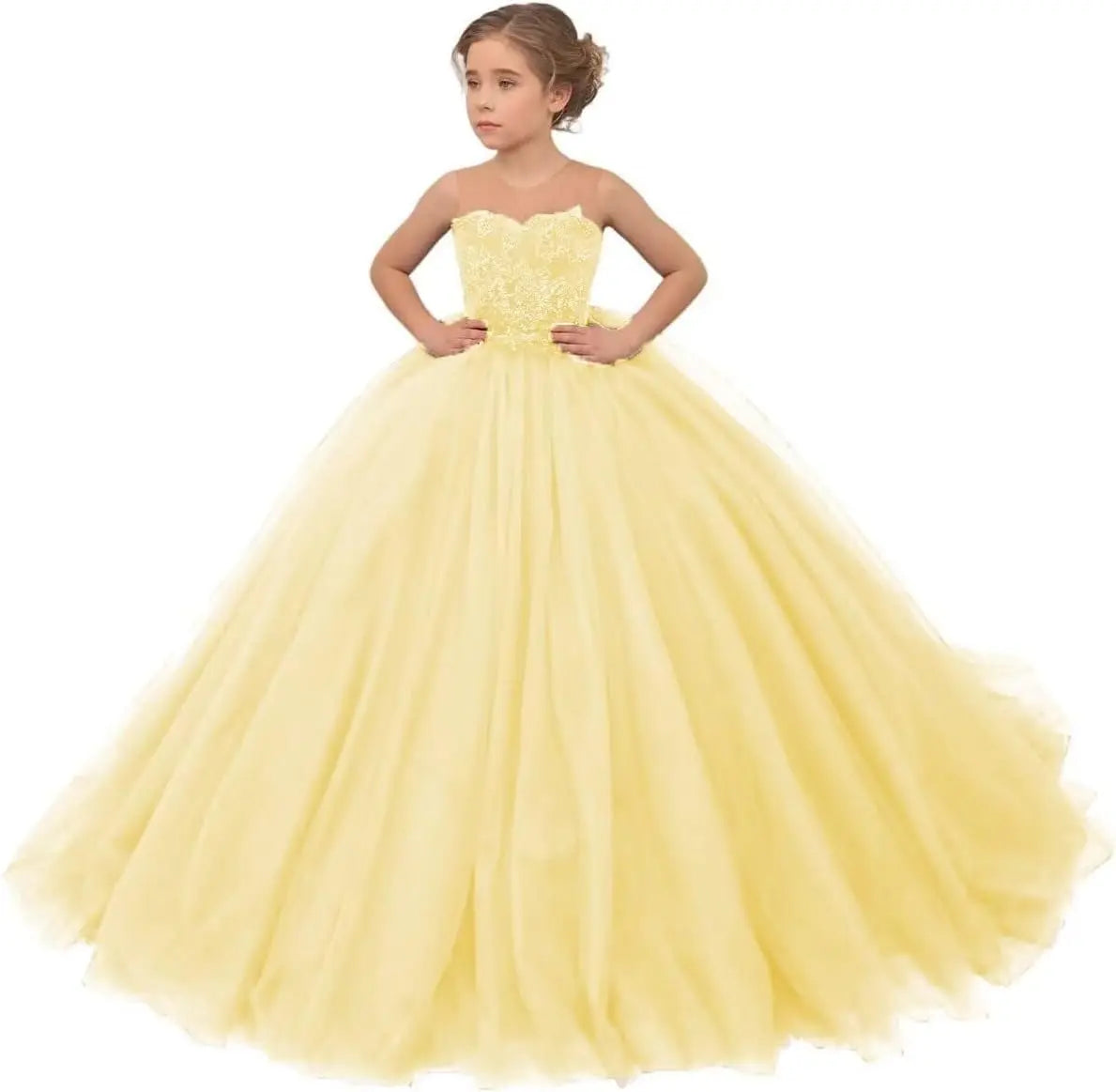 Tulle Flower Girls Dresses Lace Appliques Long Formal Princess Wedding Pageant Ball Gowns for Children