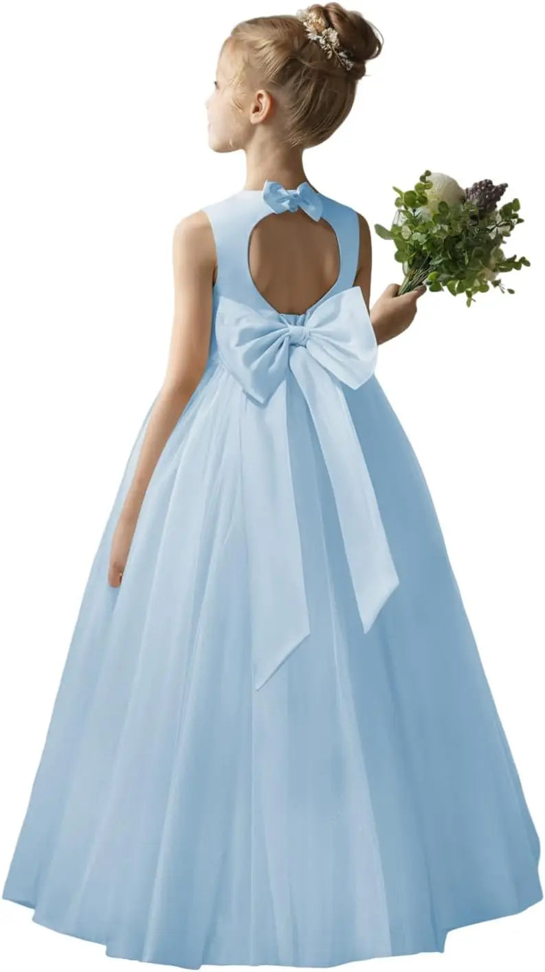 Flower Girl Dresses for Wedding Puffy Satin Tulle Princess Pageant Dress for Girls Crew Neck Tulle Bow Prom Ball Gowns