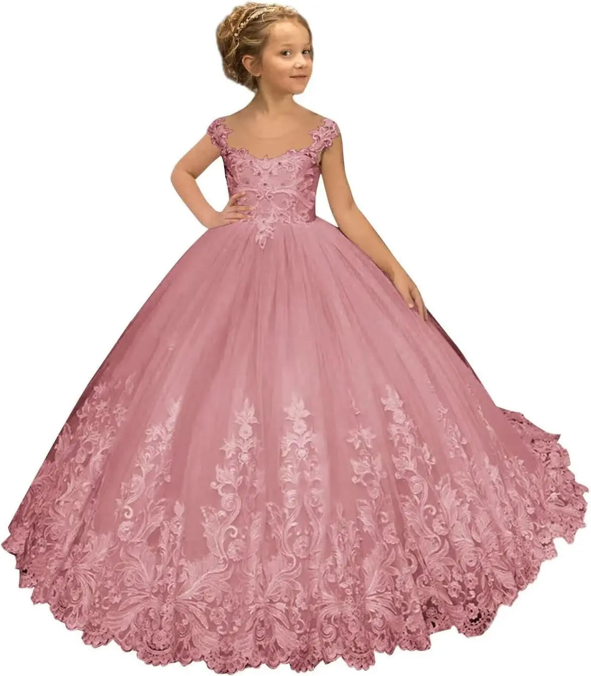 Flower Girl Dress for Weeding Tulle Pageant Dress Lace Appliques Princess Long Ball Gowns for Girls girls dresses for wedding