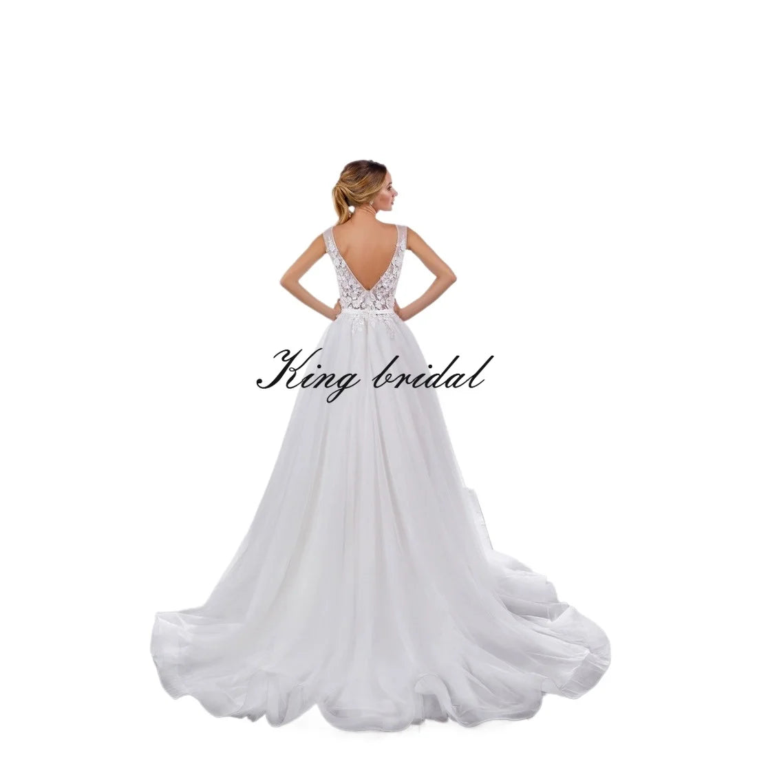 Vestido de novia de corte A con encaje floral, vestido de novia de tul, vestido de novia de espalda baja, bordado con cristales y perlas, vestido personalizado 