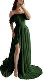 Elegantes schulterfreies Chiffon-Ballkleid für Brautjungfern mit Schlitz, lang, A-Linie, plissierte Rüschen, formelles Abendkleid für Damen 