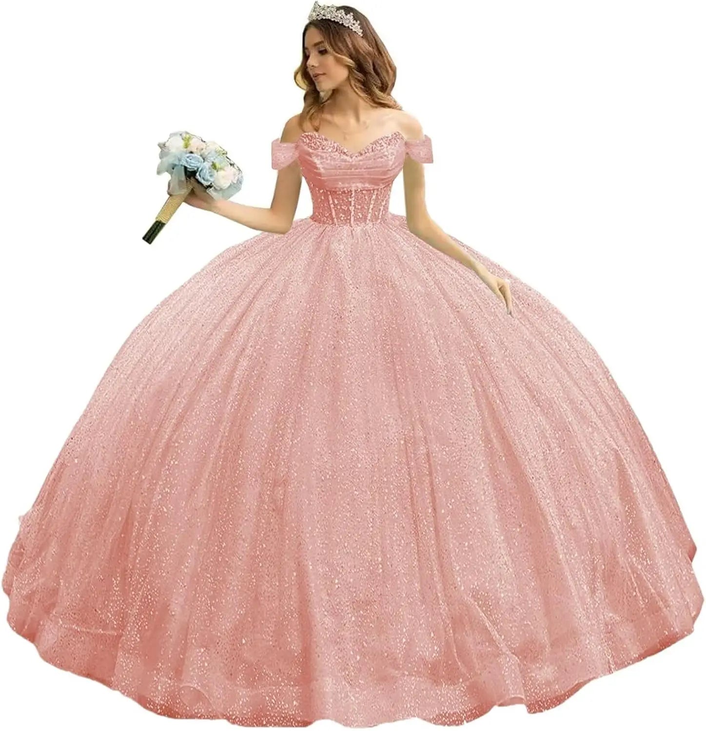 Tulle Quinceanera Dresses with Bow Puffy Off Shoulder Sweet 16 Dresses Sparkly Crystal Quince Dress with Train