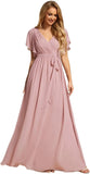 Vestido de dama de honor para mujer, escote en V, mangas con volantes, busto fruncido, largo hasta el suelo, de gasa, vestido formal para invitada de boda. 