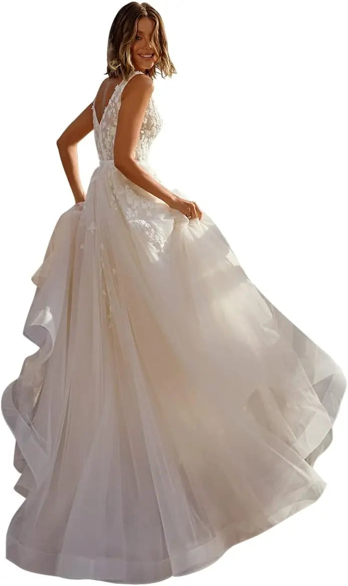 Vestidos de novia con apliques de encaje para novia 2025, vestidos de novia para bodas en la playa para mujeres, vestido de novia de talla grande 