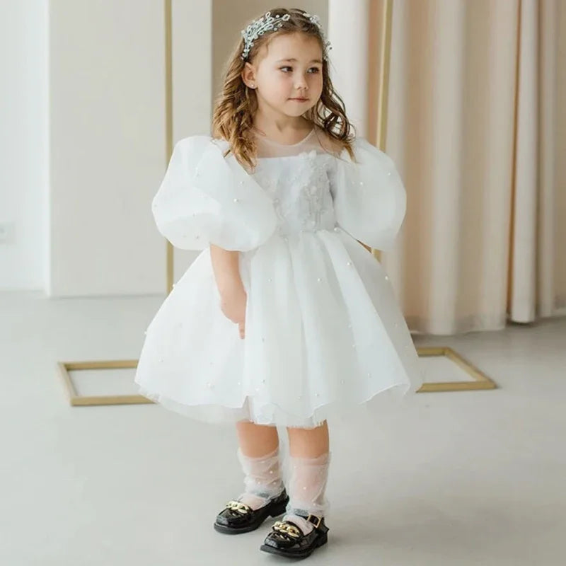 White Tulle Puffy Appliques Pearls With Bow Short Sleeve For Wedding Birthday Party Holy Communion Gowns Flower Girl Dresses