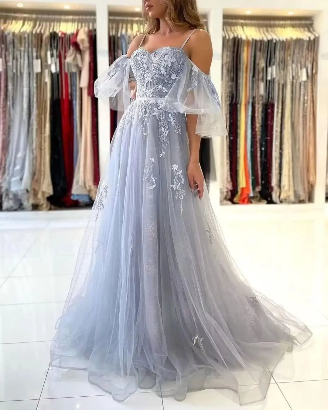 Lace Applique Tulle Prom Dresses Off Shoulder Puffy Sleeves Wedding Dress Long Women Sweetheart A Line Evening Gowns