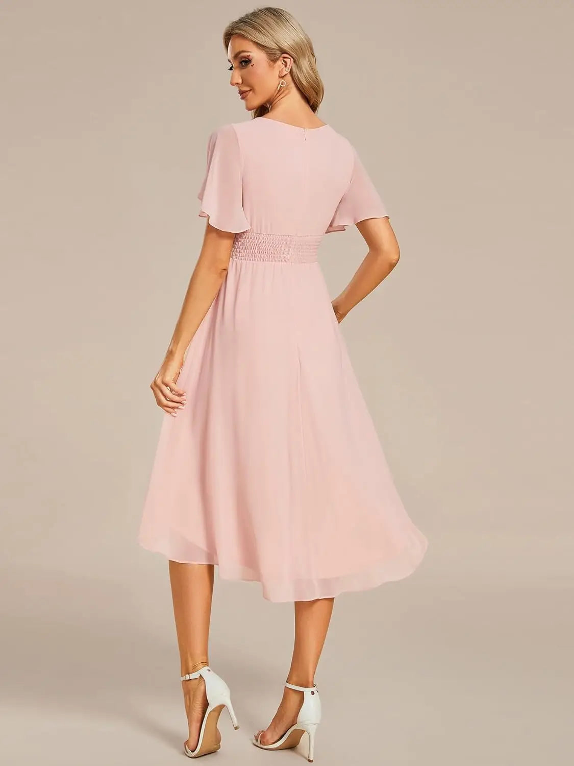 Vestido de gasa con cuello redondo y cintura plisada para mujer, manga corta, para invitada de boda, dama de honor, fiesta, graduación 