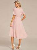 Vestido de gasa con cuello redondo y cintura plisada para mujer, manga corta, para invitada de boda, dama de honor, fiesta, graduación 