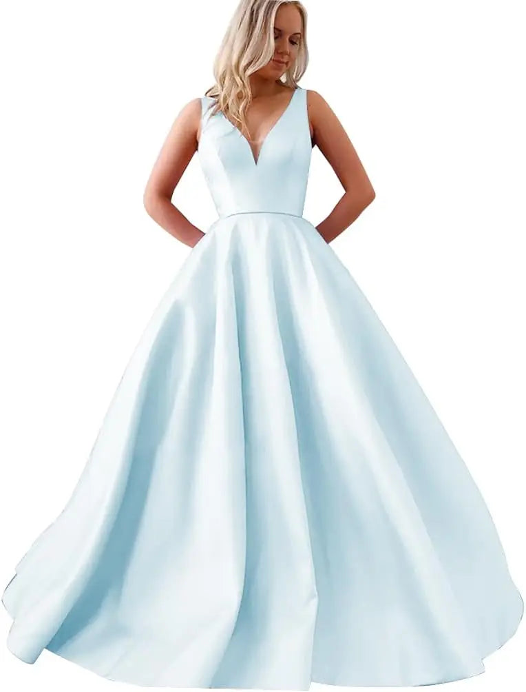 Satin A Line Wedding Dresses for Bride V Neck Prom Dresses with Pockets Simple Long Ball Gowns