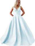 Satin A Line Wedding Dresses for Bride V Neck Prom Dresses with Pockets Simple Long Ball Gowns