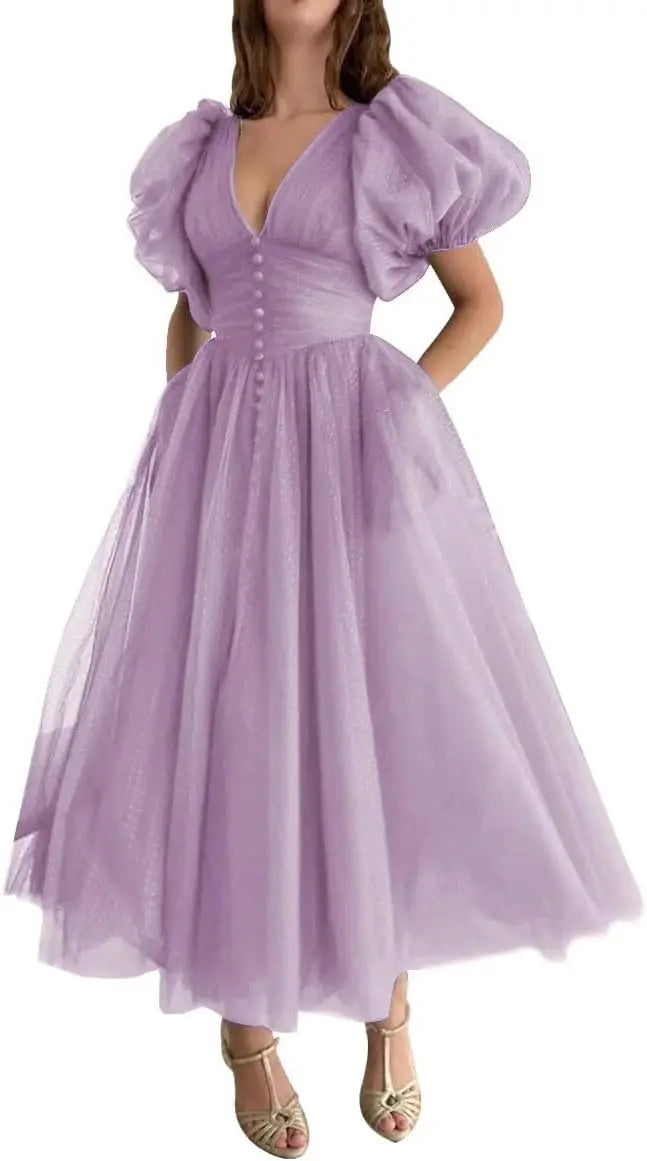 Puffy Sleeve Prom Dresses for Women Dotted Tulle V Neck Formal Evening Party Gowns Tea Length Bridesmaid Dresses