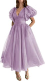 Puffy Sleeve Prom Dresses for Women Dotted Tulle V Neck Formal Evening Party Gowns Tea Length Bridesmaid Dresses