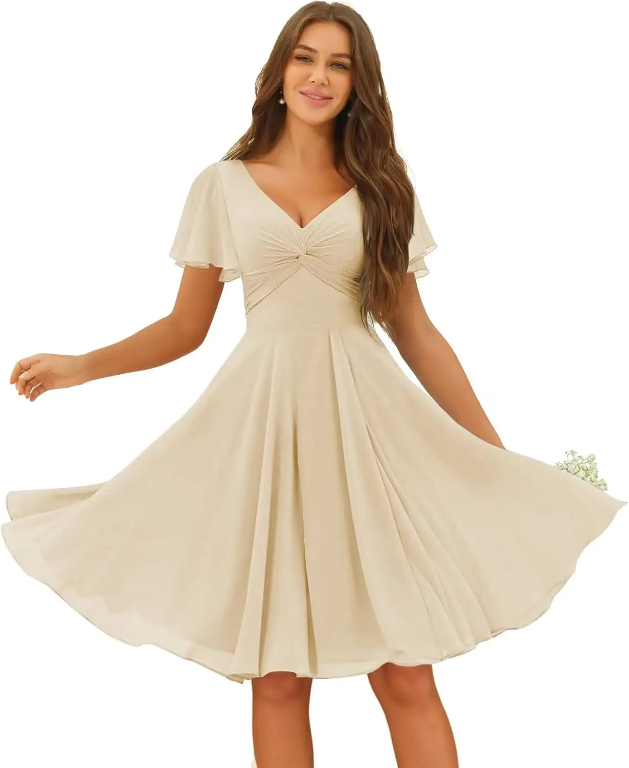 Women's Pleated Chiffon Flutter Sleeves Junior Bridesmaid Dresses with Pockets V Neck Short Formal Dress Wedding Party Gowns