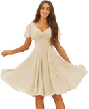 Women's Pleated Chiffon Flutter Sleeves Junior Bridesmaid Dresses with Pockets V Neck Short Formal Dress Wedding Party Gowns
