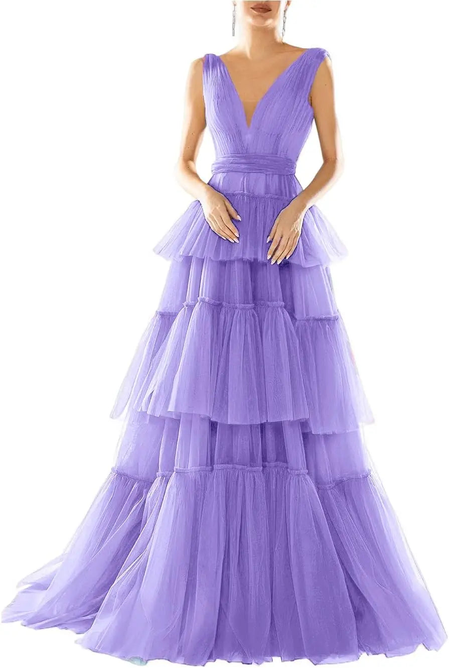 Vestidos de fiesta largos con escote en V doble para mujer, 2025, de tul escalonado, corte A, plisados, formales, para fiesta de noche. 