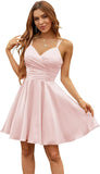 Vestidos de satén con escote en V para adolescentes, vestidos cortos de fiesta de graduación, tirantes finos, vestidos de cóctel con bolsillos, vestidos de dama de honor 