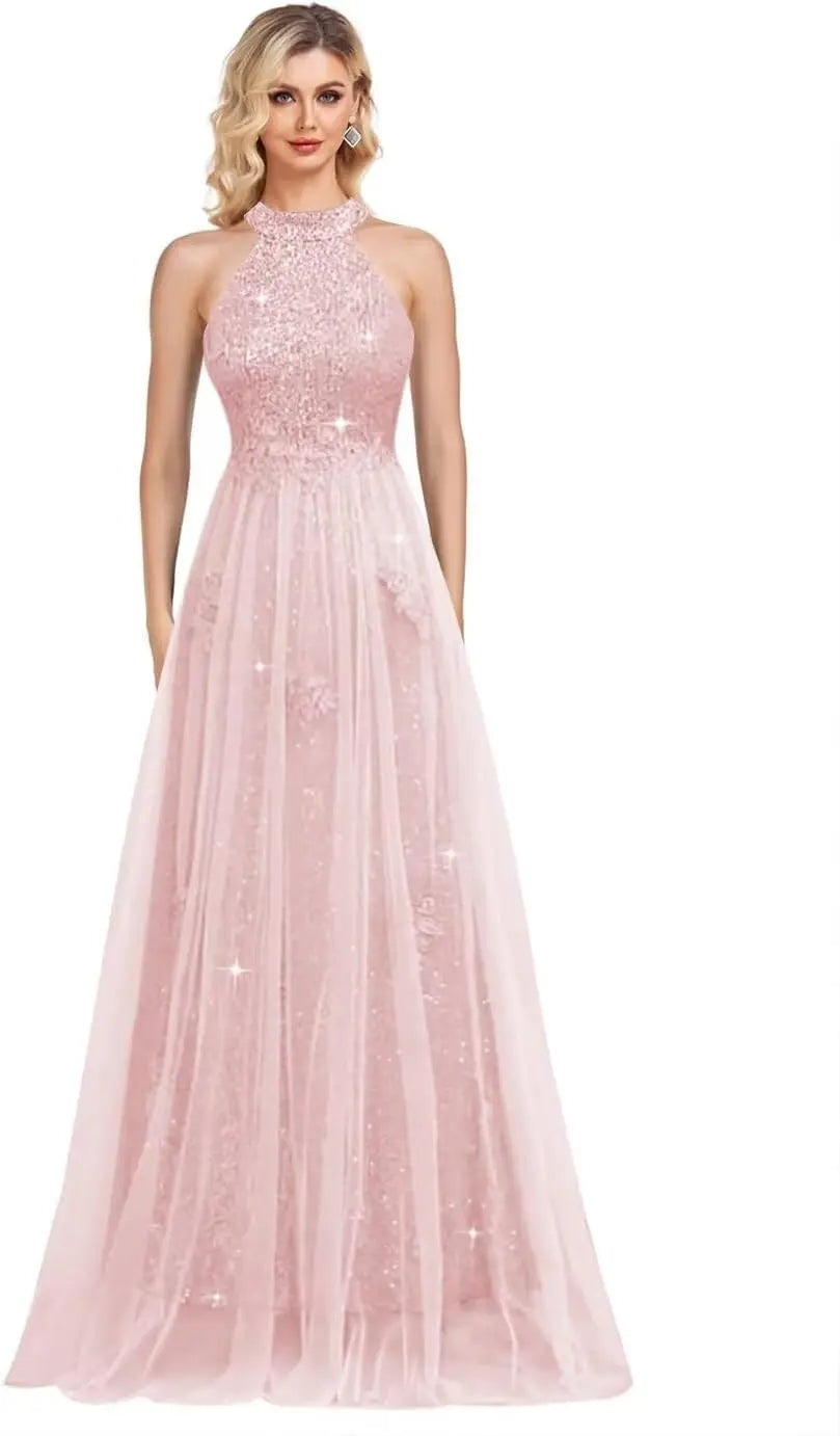 Vestidos de fiesta de lentejuelas con cuello halter y flores, hechos a medida, 2025, de tul brillante, corte A, para boda, fiesta formal de noche 