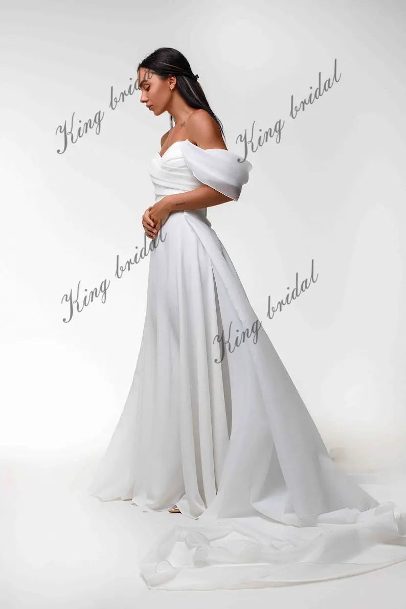 Minimalistisches Crepe A-Linie Brautkleid Schulterfrei Brautkleid Organza Schleppe Rock Individuelles Brautkleid 