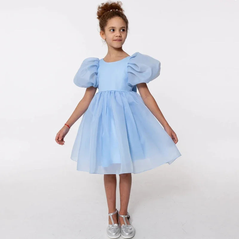Blauer Tüll mit Schleife, kurze Ärmel, für Hochzeit, Geburtstag, Party, Bankett, Kommunion, Kleider für Blumenmädchen 