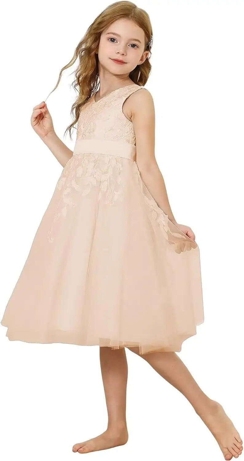 Lace Flower Girl Dresses for Wedding Kids Puffy Tulle Communion Dress Pageant Party Prom Ball Gowns with Bow Knot