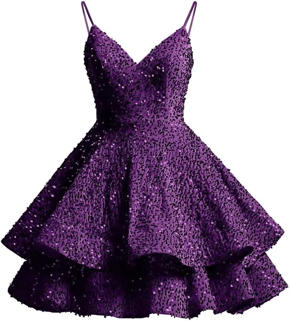 Sparkly Sequin Homecoming Dresses for Teens 2025 Short V Neck A Line Tiered Mini Formal Prom Cocktail Gown Above Knee Club Dress