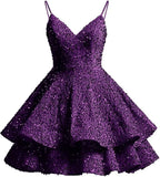 Sparkly Sequin Homecoming Dresses for Teens 2025 Short V Neck A Line Tiered Mini Formal Prom Cocktail Gown Above Knee Club Dress
