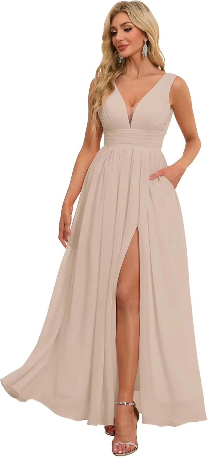 Vestidos de dama de honor con abertura y escote en V, vestidos de fiesta, línea A, plisados, para invitada de boda con bolsillos 