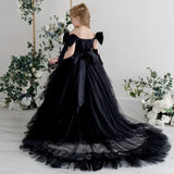Vestidos de tul negro con lazo y cola, de manga corta, para bodas, fiestas de cumpleaños, banquetes, princesas, niñas de las flores. 