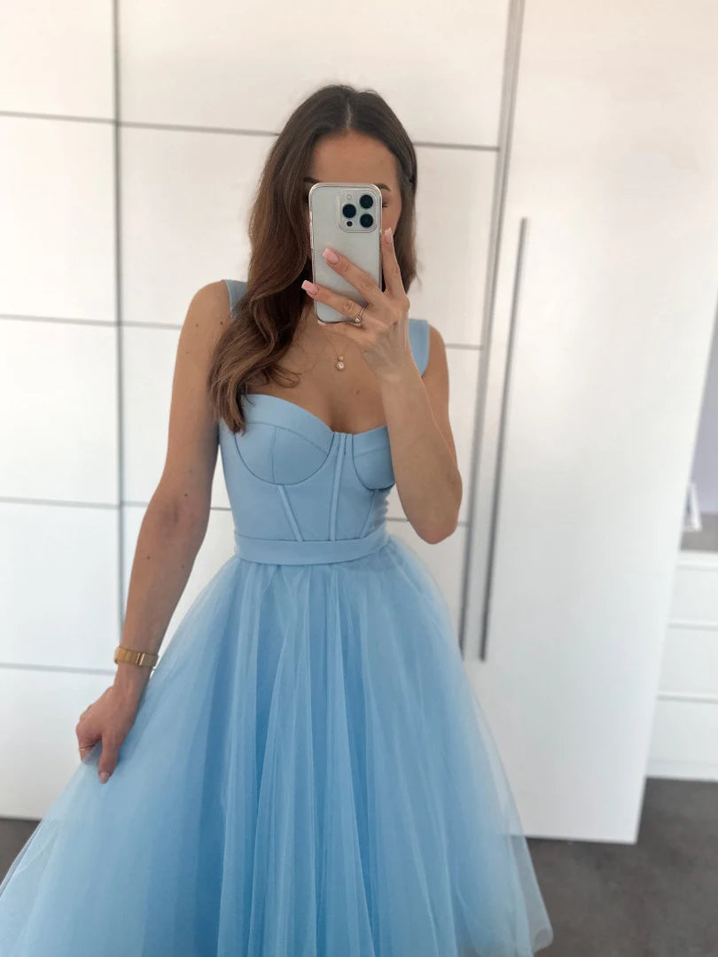 Tulle Tea-Length Prom Dresses High Quality Sweetheart Spaghetti Straps Party & Vacation Wear Elegant Plain A-line Evening Gowns