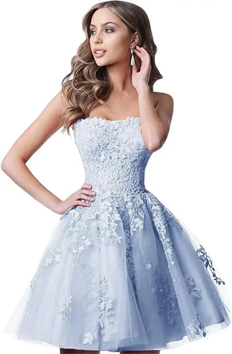 Spitzen-Heimkehrkleider, kurz, A-Linie, trägerlos, formelle Cocktailparty-Kleider, Abschlussballkleid, Ballkleider, Minikleid 