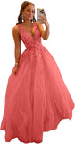 Tulle Prom Dresses for Women V Neck Applique Ball Gowns for Teens Women's Long Formal Evening Gowns with 3D Flower