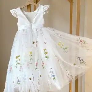Vestido de niña de flores de satén, encaje, tul, encaje blanco, tul, niña, bebé, satén, encaje, rústico, bohemio, vestidos de comunión, vestido de princesa 