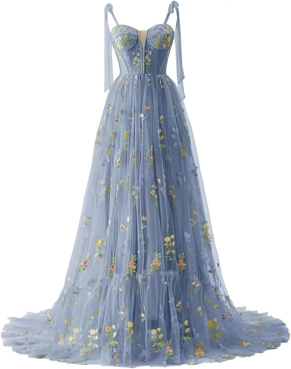 Women's Flower Embroidery Tulle Prom Dresses Corset Long Spaghetti Strap Fairy Ruched Formal Evening Party Gowns Bridesmaid Gown