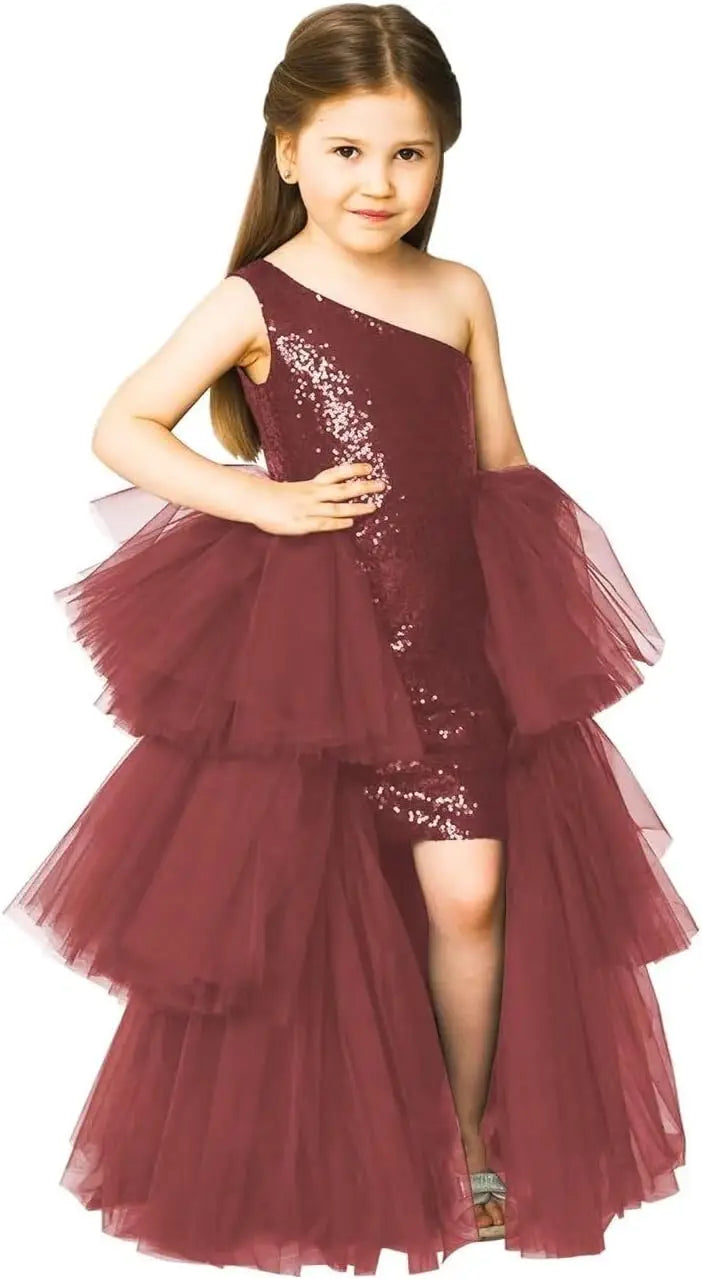 One Shoulder Sequin Pagent Dresses Girls Tulle Ball Gown Layered High Low Flower Girl Dress for Wedding princess dress